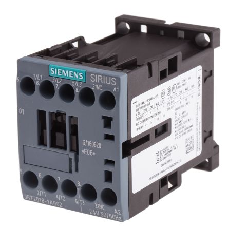 Контактор 7.5КВТ/400В 3P AC-3 1НЗ 24В AC, 50/60 ГЦ, SIEMENS 3RT2018-1AB02
