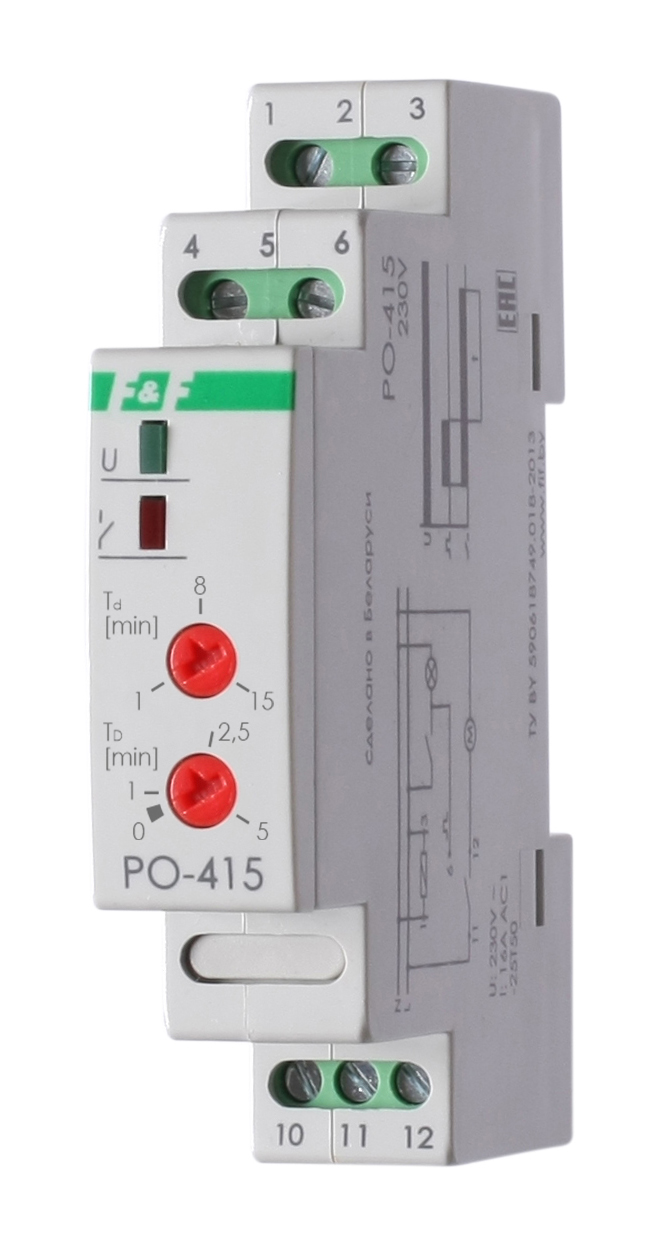 Реле времени PO-415 16А 230В 1перекл. IP20 задержка выключ./управ. контактом F&F EA02.001.018