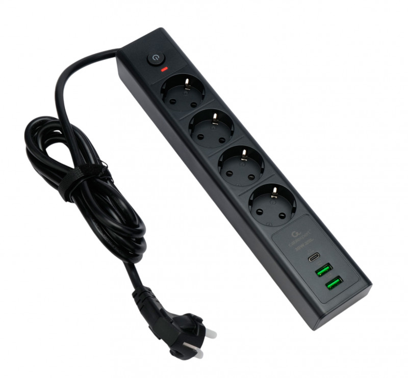 Сетевой фильтр Cablexpert Exnovo 4р, 16А,30Вт, 2хUSB, 2м, ур.защиты 4+, черный,кор, EXN-4-CU2-B-2