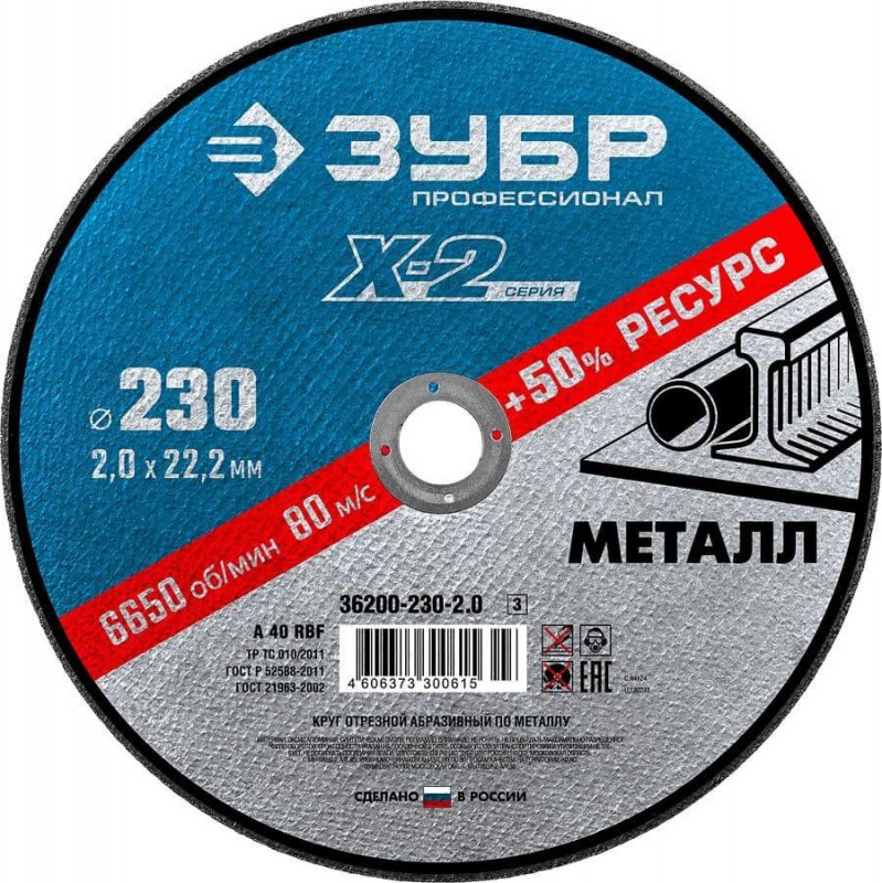 Круг отрезной по металлу ЗУБР 230*2.0*22мм 36200-230-2.0_z03